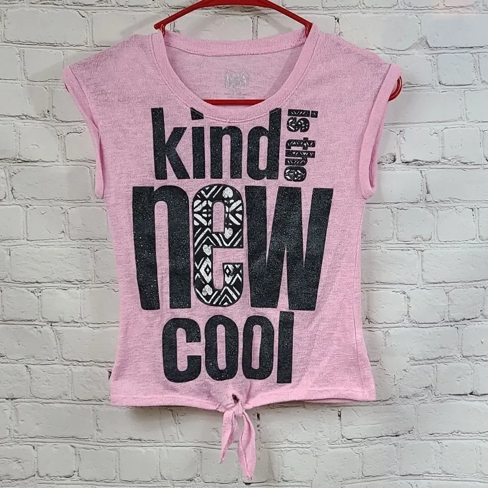 Justice Girls Pink Glitter Knot Front Shirt “Kind Is The New Cool” Slub Knit 8